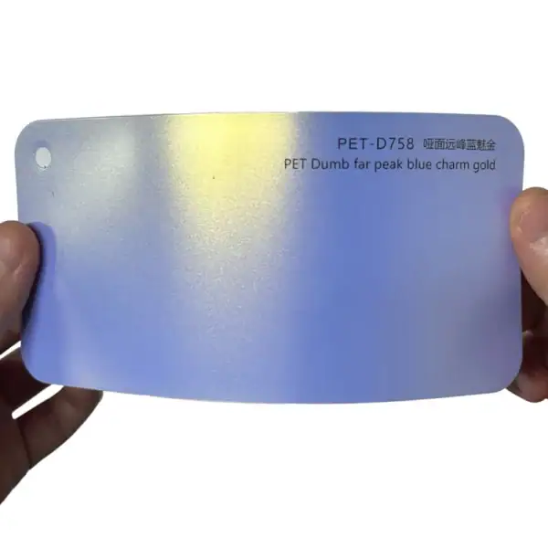 Tarjeta de muestra de vinilo para coche con diseño azul dorado de Far Peak mate